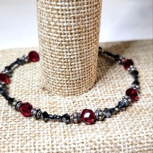 Red Crystal & Hematite Beaded Bracelet 7.25" Long with Toggle Clasp